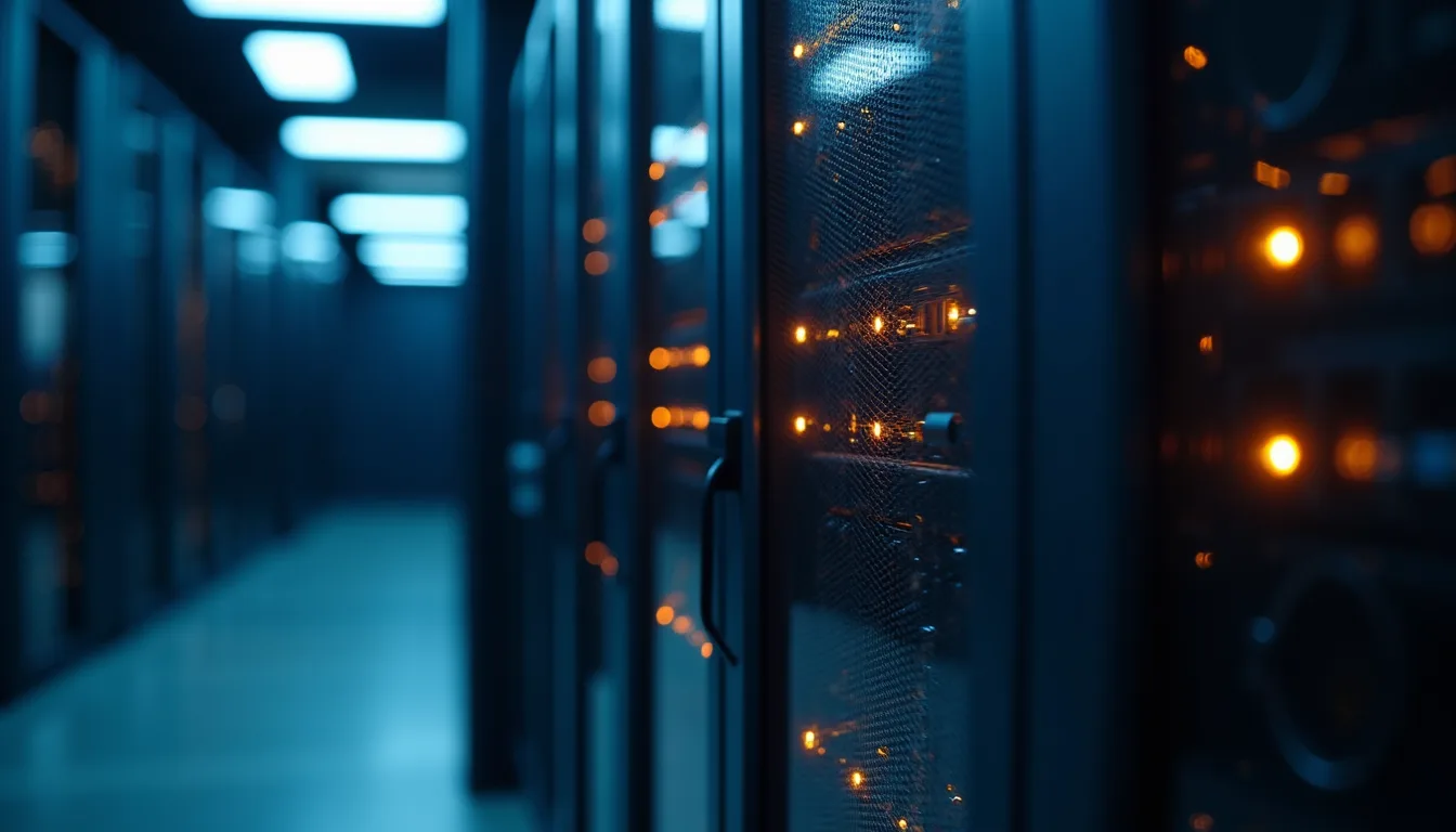 Close-up view of a server rack with glowing lights in a data center