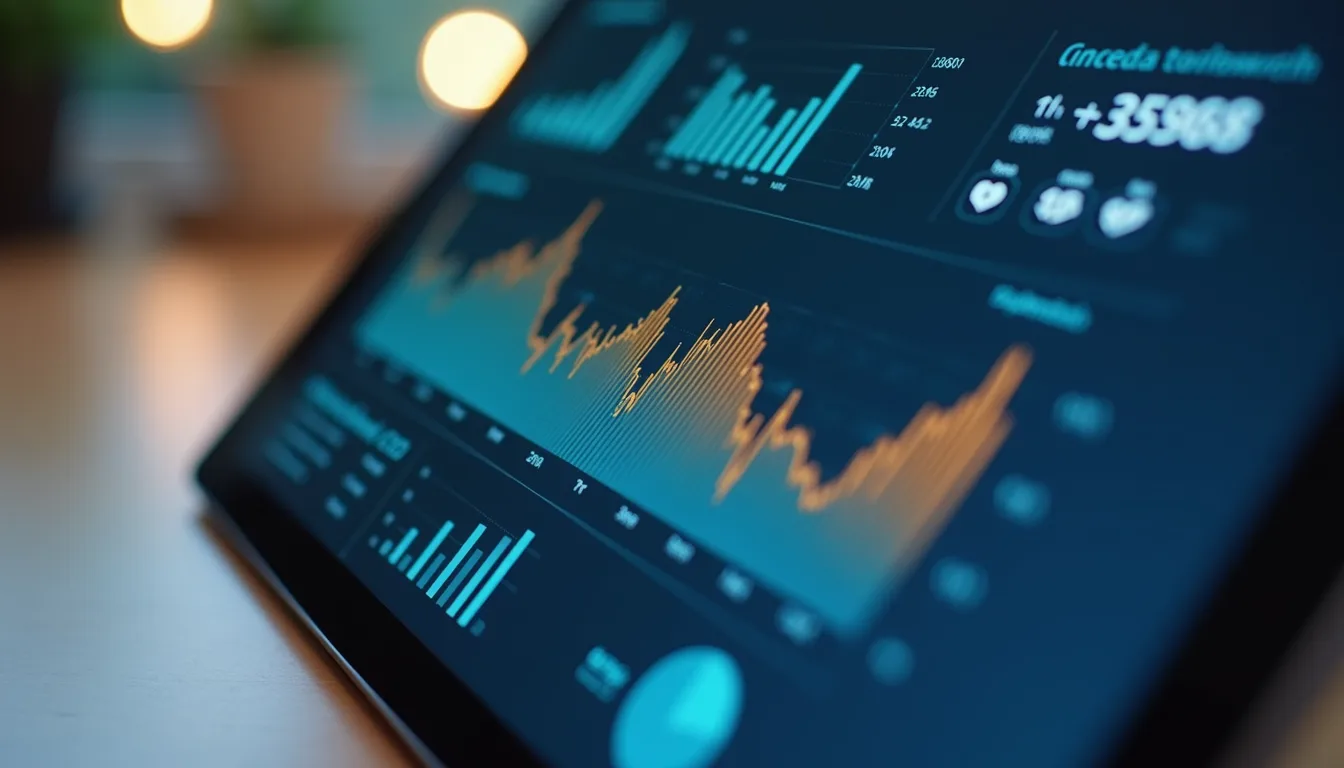 Close-up of a digital tablet displaying AI analytics dashboard