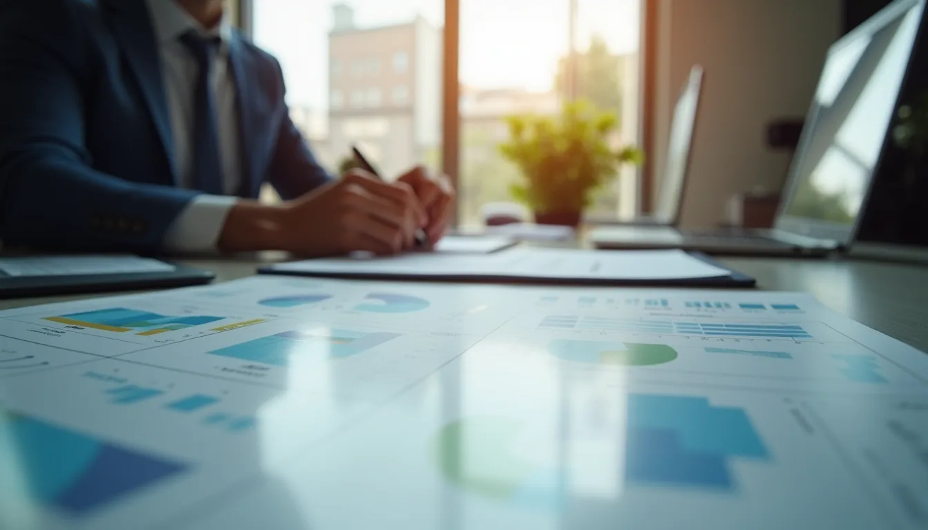 Close-up view of a business meeting with charts and laptops