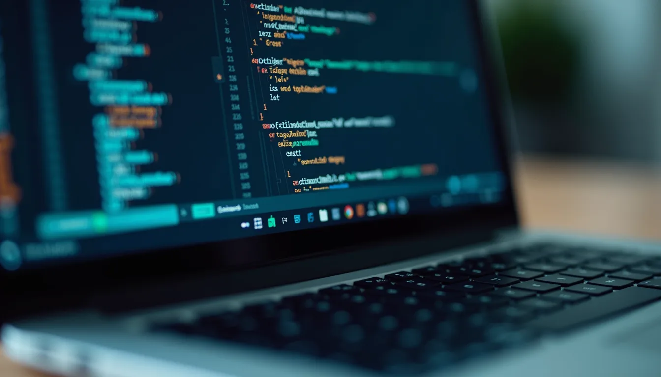 Close-up view of a laptop screen showing code and AI algorithm development