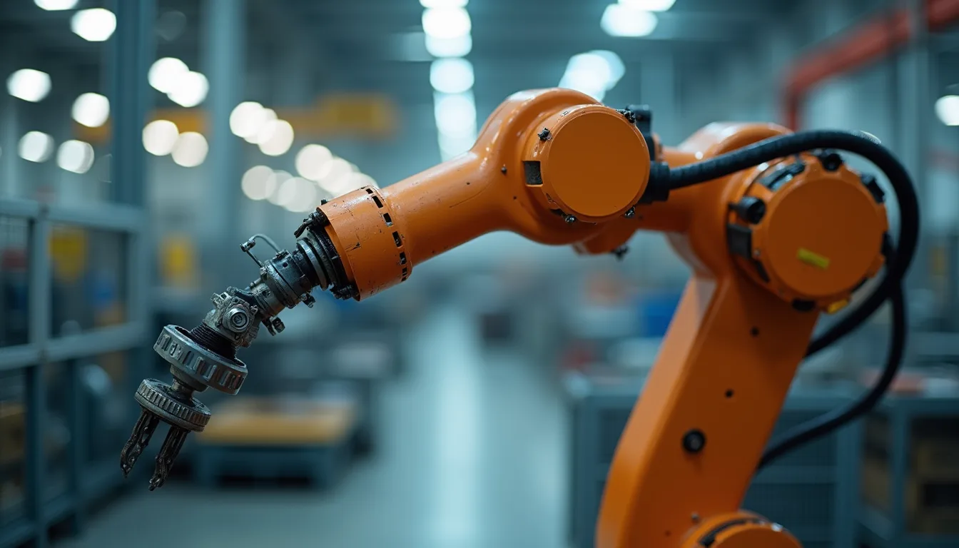 Close-up view of industrial robot arm in factory