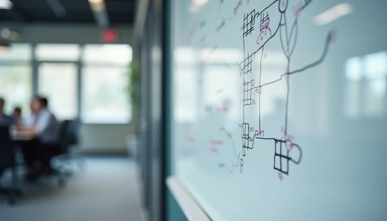 Augenhöhe Blick auf ein Whiteboard mit KI-Strategieplanung in einem Stuttgarter Büro