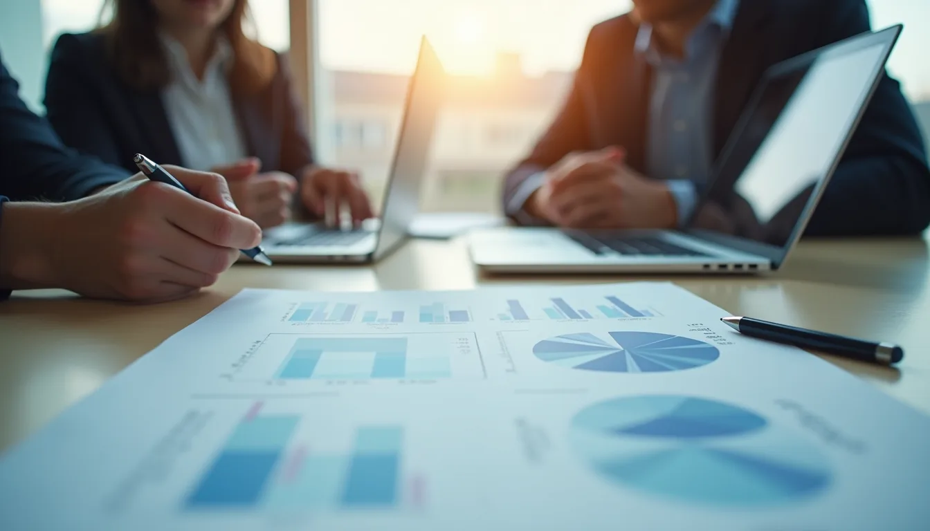 Close-up view of a business meeting with charts and laptops