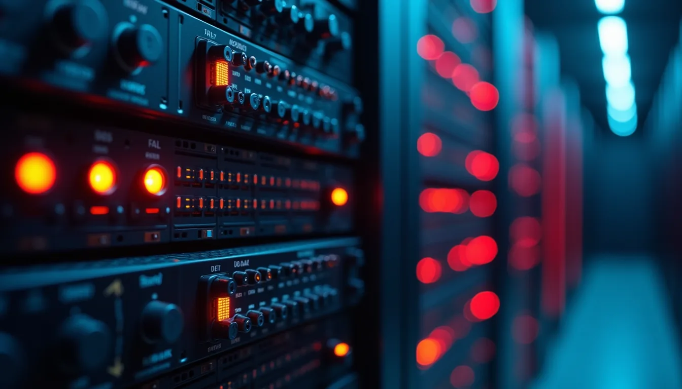 Close-up view of a server rack with blinking lights in a data center