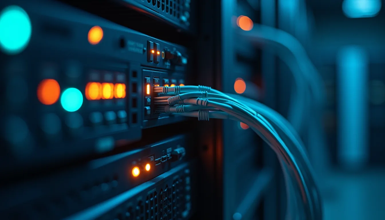 Close-up view of a server room with blinking lights and cables