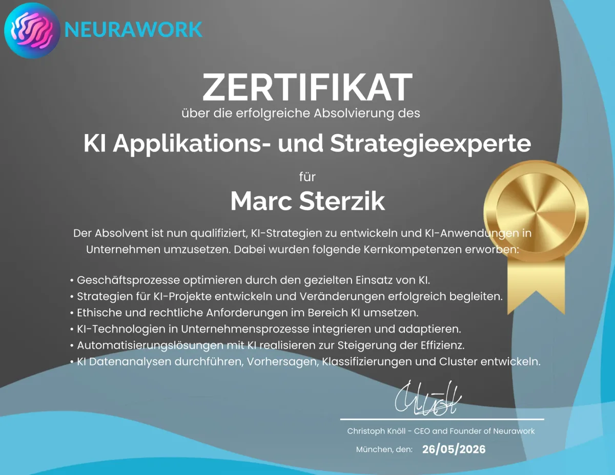 Neurawork-Zertifikat: KI Applikations- und Strategieexperte, Marc Sterzik