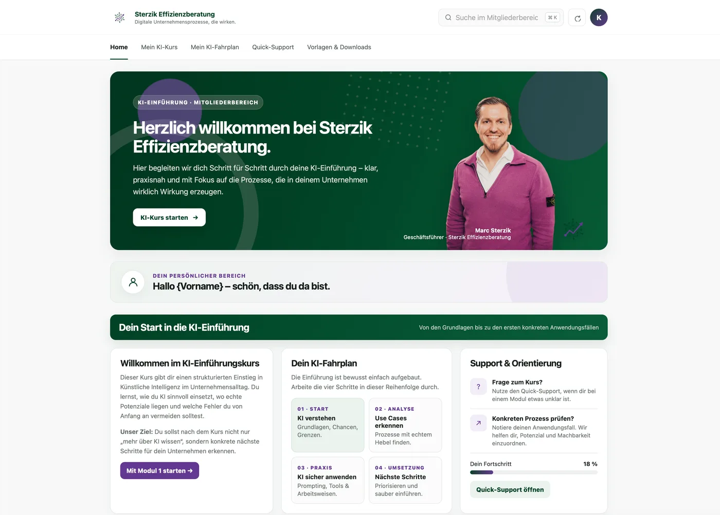 Mitgliederbereich des KI-Einführungskurses für Mitarbeiter: Startseite mit Kursfortschritt, KI-Fahrplan und Support