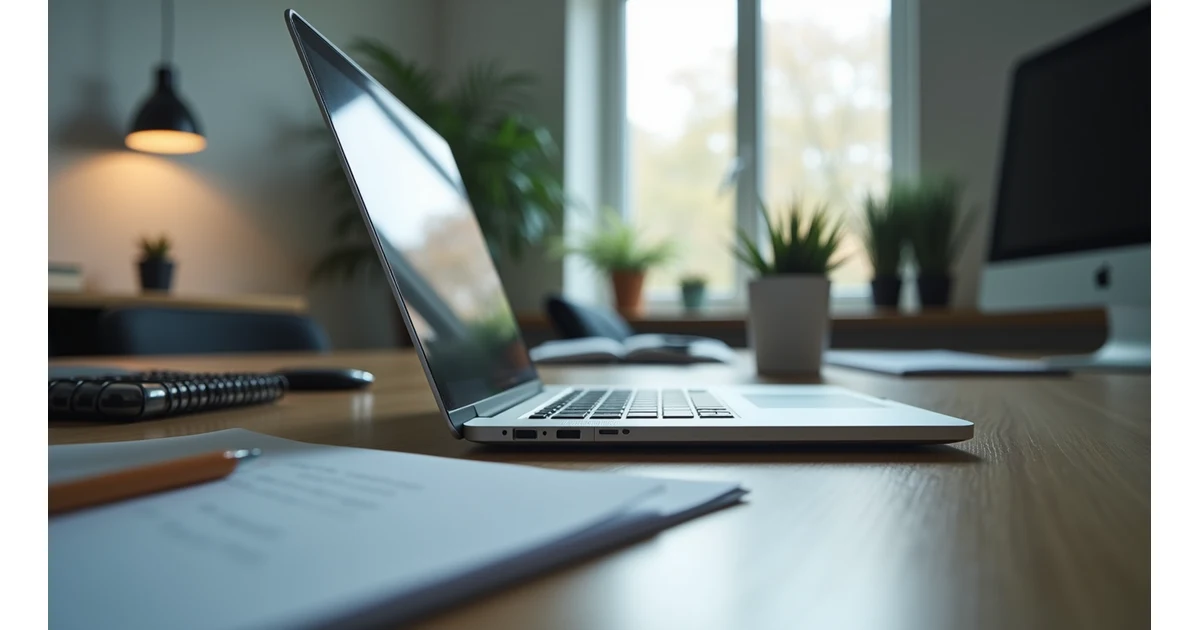 Eye-level view of a modern office workspace with a laptop and notes