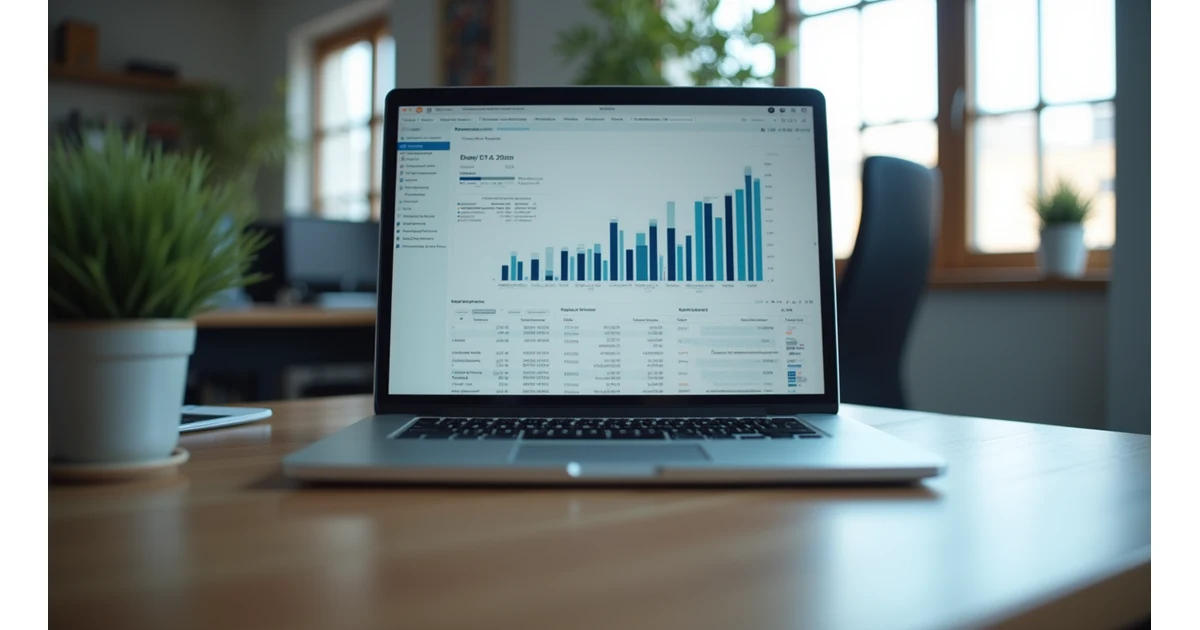 Eye-level view of a modern office desk with a laptop showing data analytics