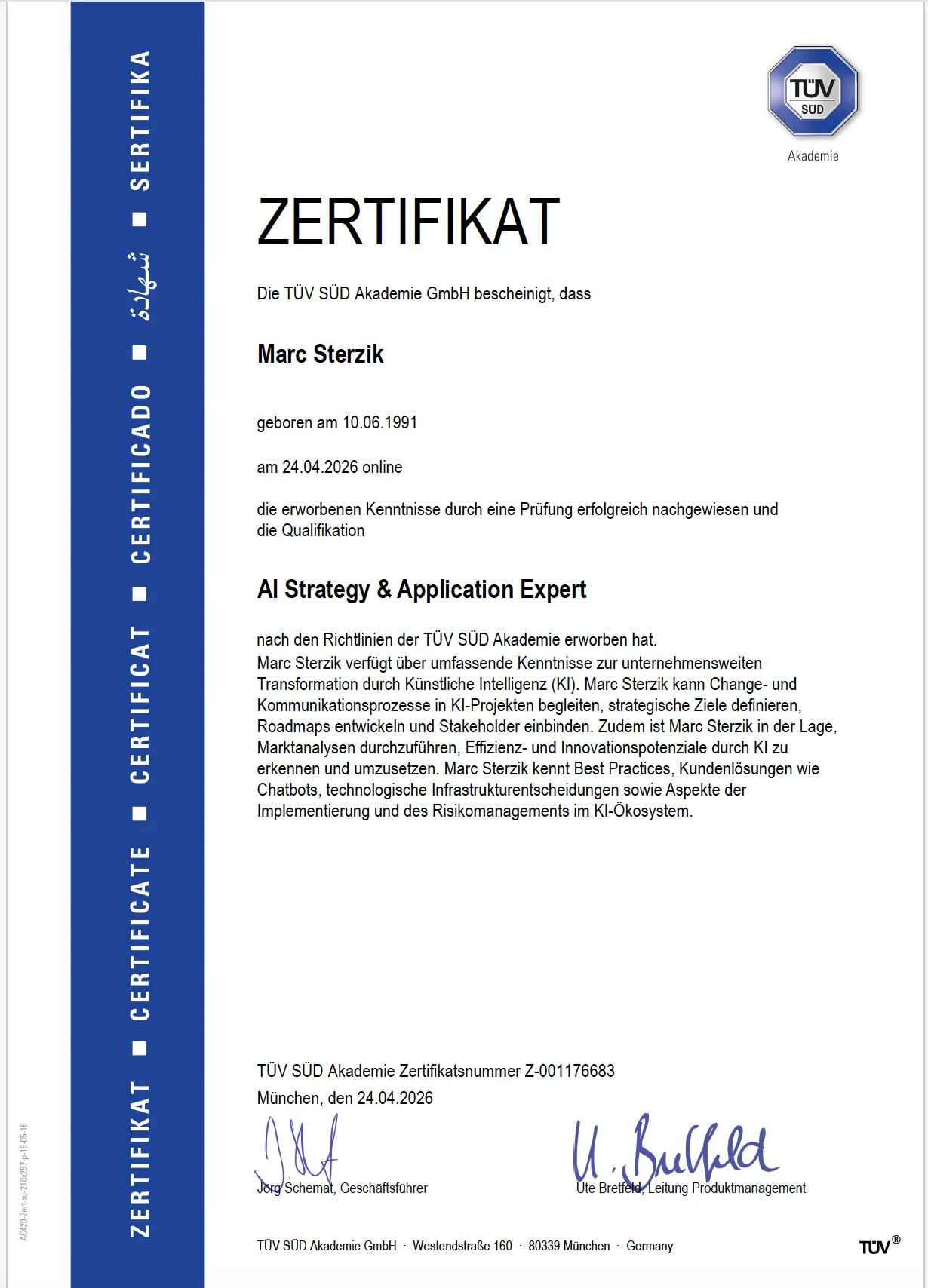 TÜV SÜD Zertifikat: AI Strategy & Application Expert, Marc Sterzik